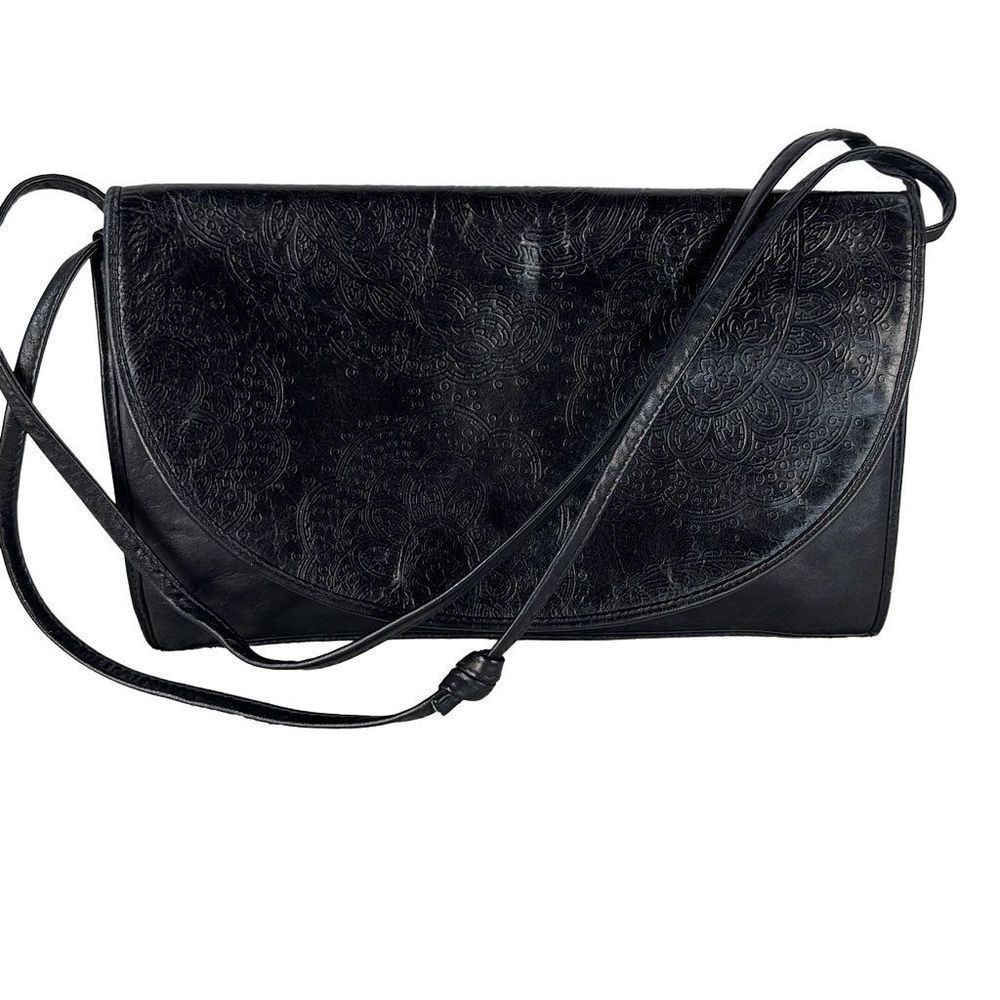 Vintage Susan Gail Italy Black Leather Shoulder Bag Clutch Tooled Paisley Print